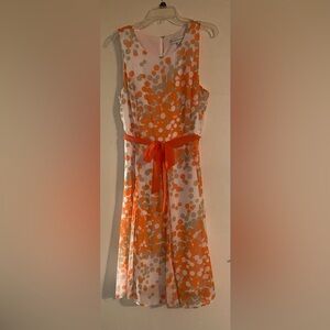 Orange, tan & white polka dots, strolling dress. Emma & Michele size 16